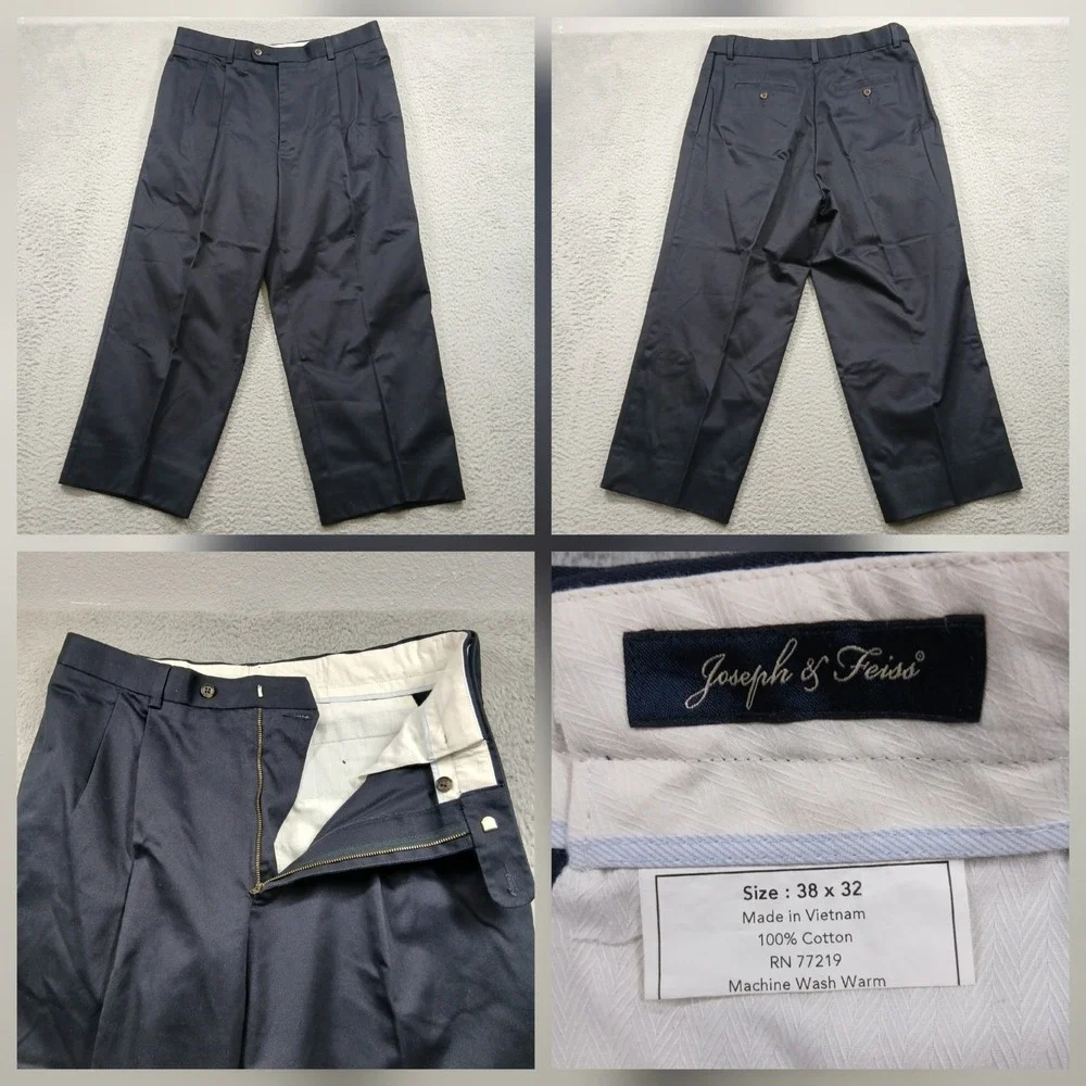 Joseph & Feiss Pleated‎ Dress Pants Mens 38x32 Navy Blue 100% Cotton Chino